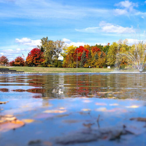 A clock tower stands behind a vibrant autumn tree line, reflected in a shallow pond with a fountain spraying water nearby.